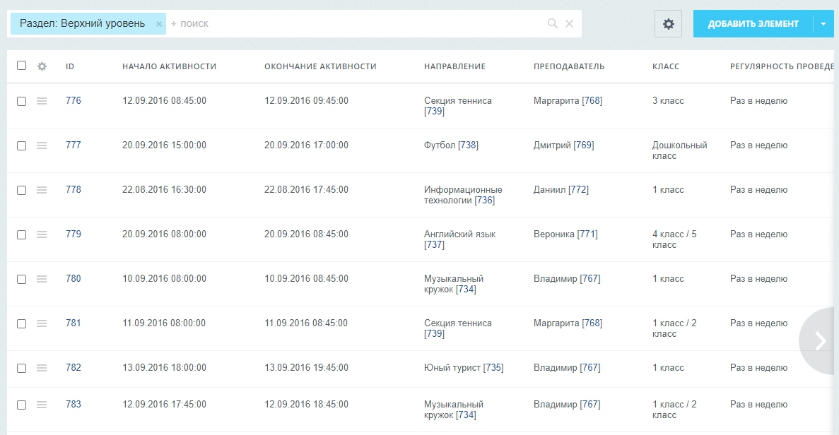 Инфоблок "Расписание" - элементы