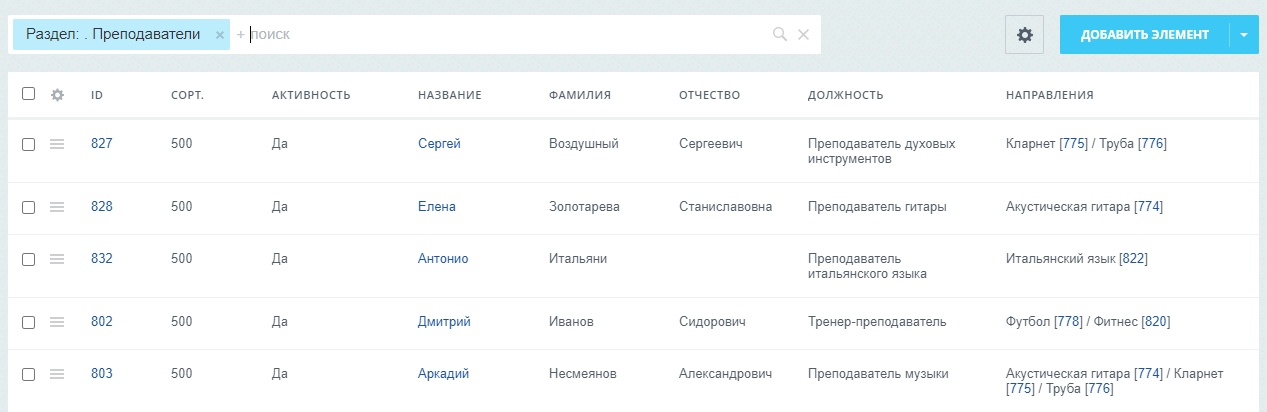 Инфоблок "Коллектив" - элементы